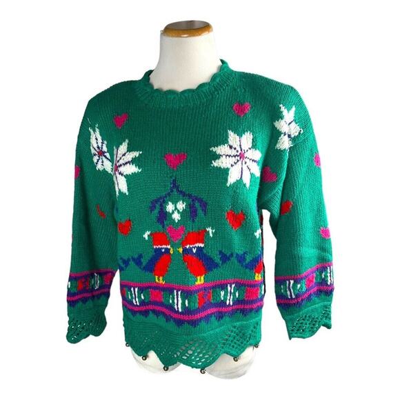 Casual Corner Christmas Day Hand Knit Cropped‎ Sweater Medium Green Bird Holiday - Picture 1 of 8